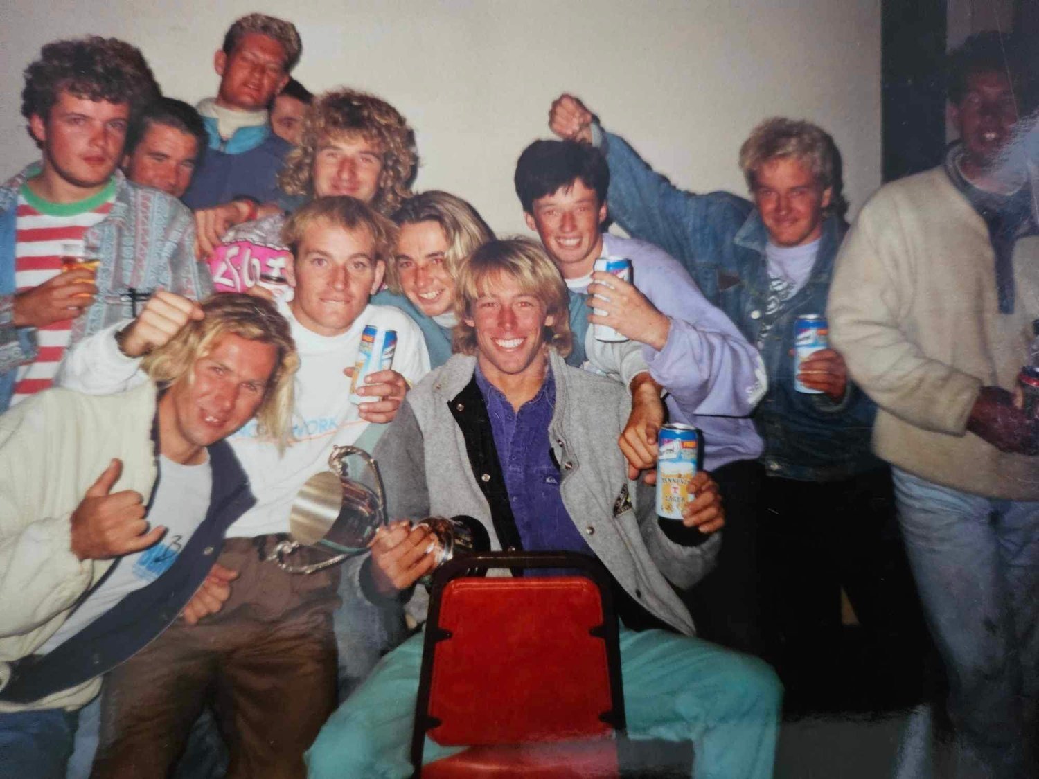 Archive photograph: windsurfers celebrating at a Tiree prize-giving